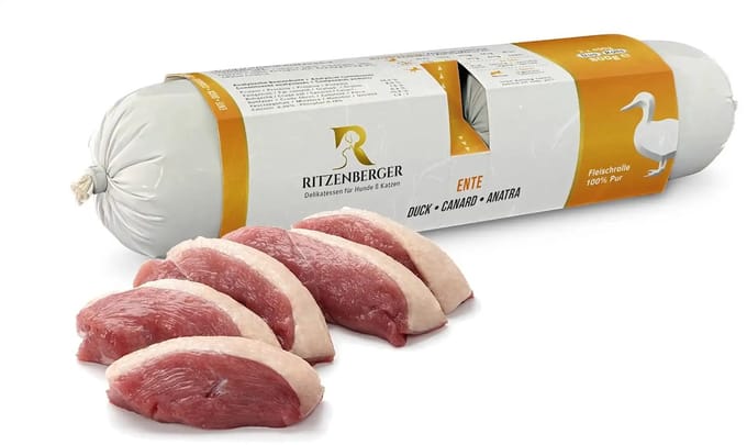Ritzenberger 100% Eend gestoomde worst. 24 x 400 gram (doos 12 rollen, 9,6 kilo totaal)