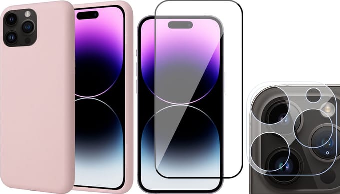 Hoesje geschikt voor iPhone 14 Pro Max - Screenprotector FullGuard & Camera Lens Screen Protector - Back Cover Case SoftTouch Roze
