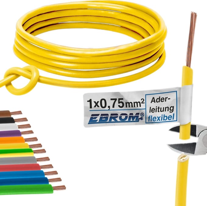 Flexibele Aderleiding - PVC Kabel - Interne Bedrading - Meerdere Fijne Koperdraden - 075 mm2 - Geel