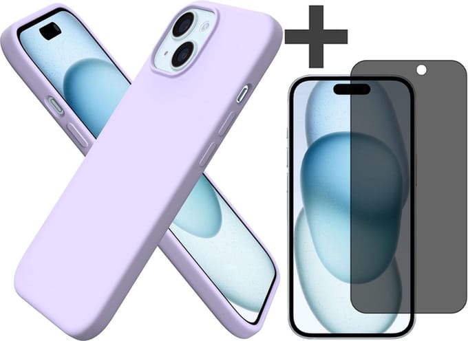 Hoesje met Privacy Screenprotector Geschikt voor iPhone 15 Plus Hoesje Siliconen - liquid case - Arara Backcover - Lila