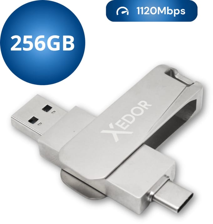 Xedor® Base - USB Stick - 256 GB - 1120Mbps - USB C en A - iPhone en Android - Zilver