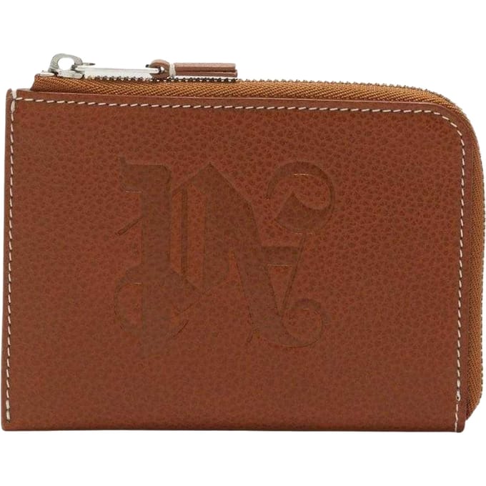 Palm Angels Monogram Leren Kaarthouder met Ritssluiting (Bruin)