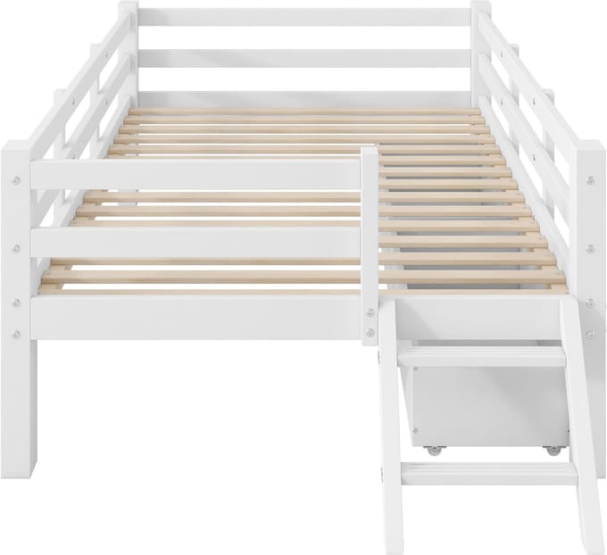 Houten platformbed van 90x200 cm met veiligheidshekje en 2 lades, wit