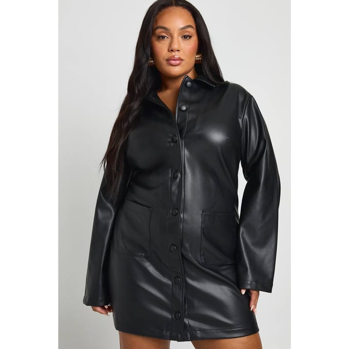 boohoo Dames Plus PU Jurk met kraag en lange mouwen | Black | Maat: 18