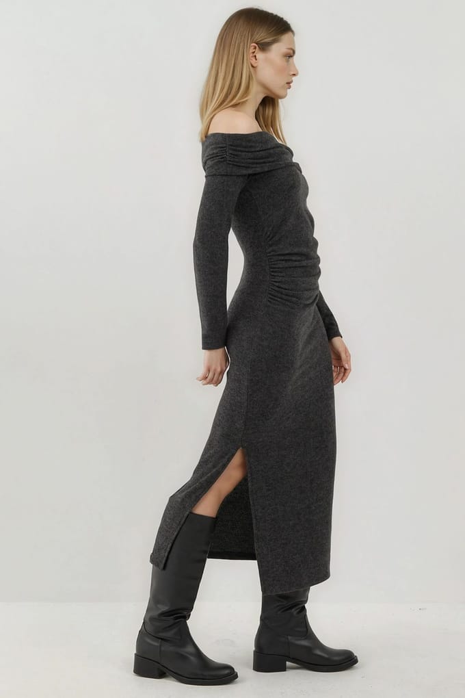 Gestructureerde Strapless Midi-jurk met Split
