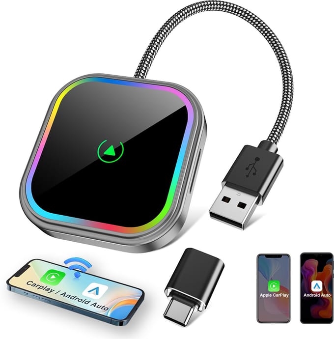 ESSGOO Premium 2 in 1 CarPlay Dongle - Draadloos CarPlay Android Auto - USB-A - USB-C - Android Auto Dongle - Zwart