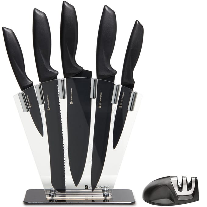 KitchenBrothers Messenset - Messenblok - 7-Delig - met Messenslijper - Zwart