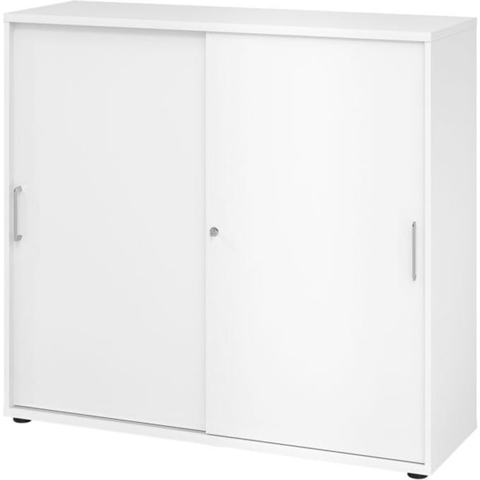 Breno schuifdeurkast, afsluitbaar, spaanplaat, gemelamineerd, B 1200 x D 400 x H 1100 mm, 3 dossierhoogtes, wit/wit