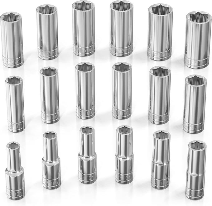Diepe Dopsleutelset Metrisch 1/2 Inch Aandrijving 18-delig - 6-Punts Chrome Vanadium Sleutels