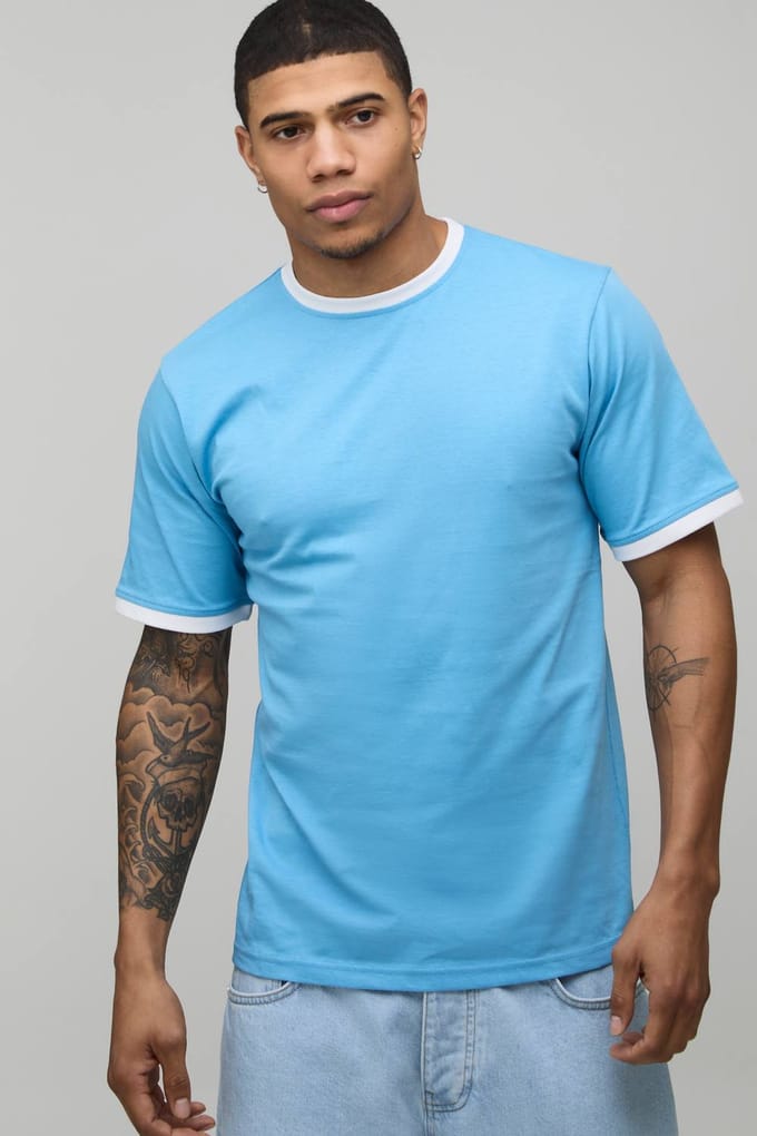 Regular Fit Ringer T-shirt Met Ronde Hals | Blue | Size Medium
