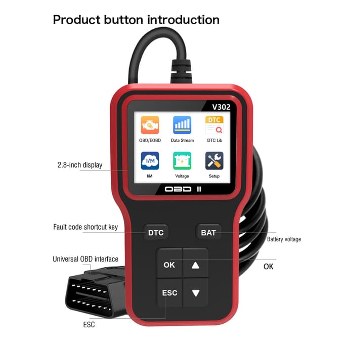 Auto OBDII-scanner, 2,8 inch kleurenscherm, auto-check engine-codelezer, diagnosetool voor rood