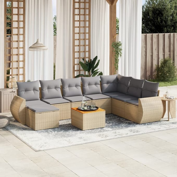 vidaXL - 9-delige - Loungeset - met - kussens - poly - rattan - beige