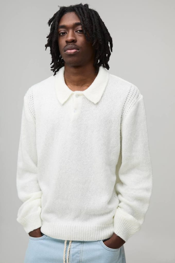 Regular Fit Fluffy Button Knitted Long Sleeve Polo T-Shirt | Ecru | Size Medium
