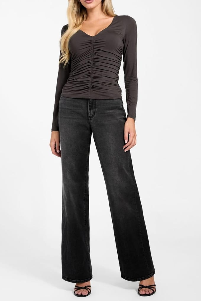 GUESS Ls V-neck Ayleen Top Bark Brown Taglia: M | Maglie a manica lunga Outlet | Donna | Marrone