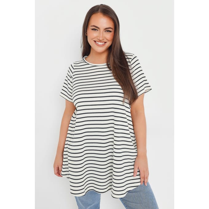 Yours Geribbelde Top Van Katoenmix Met Strepenprint In Wit Size 48