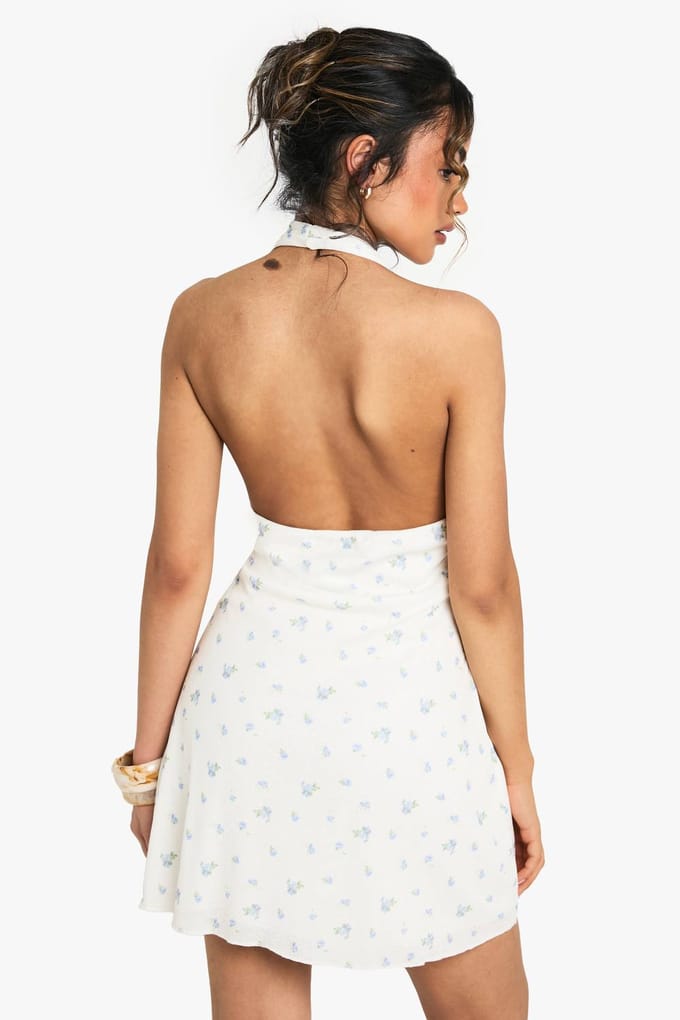 boohoo Dames Ditsy Bloemenkant Halter Mini Jurk | White | Maat: 18