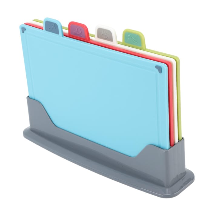 4 Stuks Plastic Snijplank Set met Opbergstandaard 4 Kleur Antislip Snijplank voor Diverse Voedingsmiddelen gray