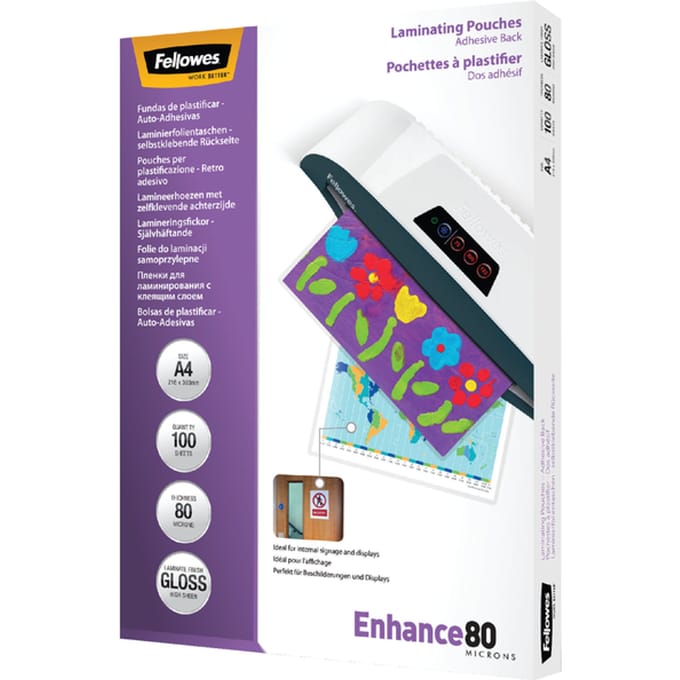 FELLOWES lamineerfolie, zelfklevend, A4, 80 micron, pak van 100 stuks