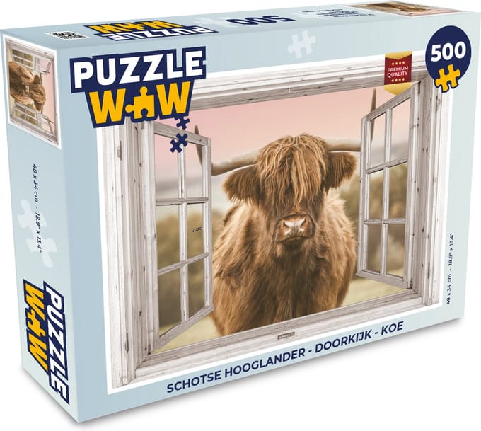 Puzzel Schotse hooglander - Doorkijk - Koe - Legpuzzel - Puzzel 500 stukjes