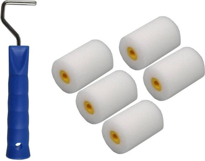 5x verfrollers / schuimrollers fijn - inclusief rollerbeugel - 5 cm - geschikt voor diverse soorten verf - schilderbenodigdheden