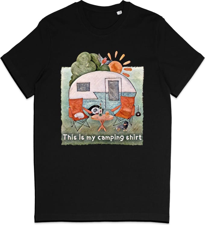 Heren en Dames T Shirt - Camping Kampeer Tafereel - Zwart M