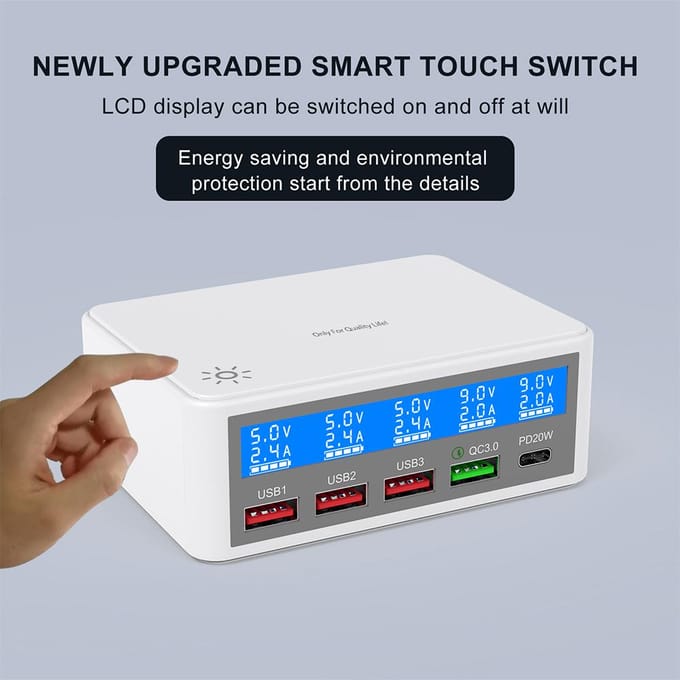 Meerdere USB-opladers 65W 5-poorts USB-laadstations met LCD-scherm PD 20W + QC3.0 snellader US Plug white