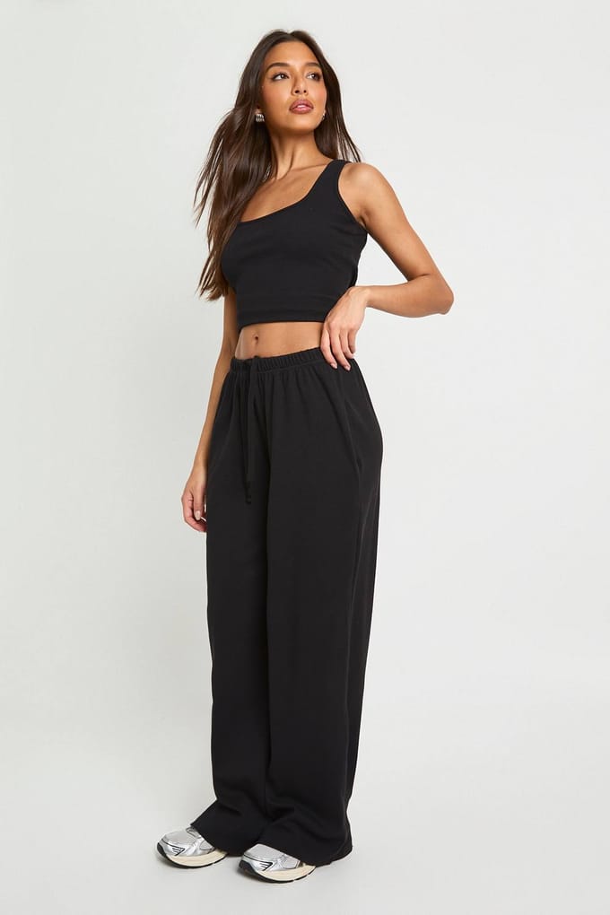 boohoo Dames Basis geribbelde broek met wijde pijpen | Zwart | Maat: 34