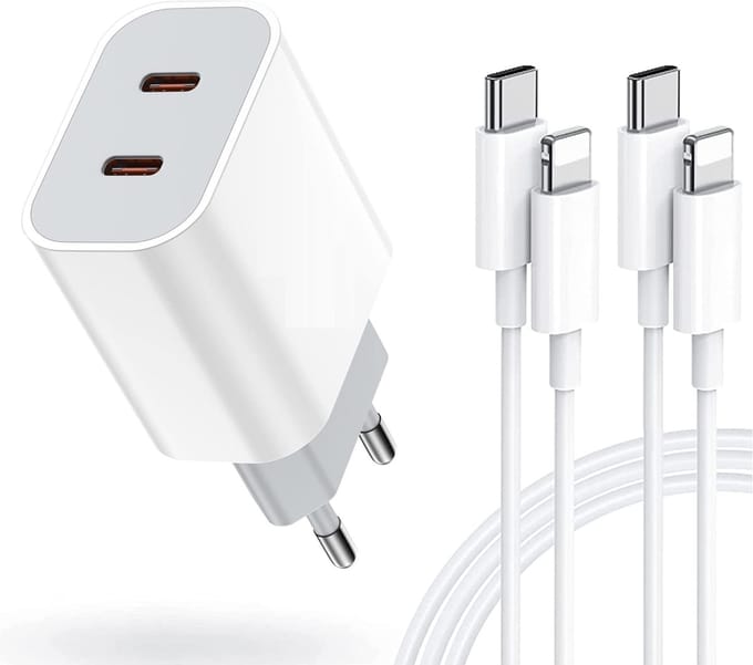 35W Snellader met 2 USB-C Poorten + 2x Geschikt voor iPhone Snellaadkabel - 2 Meter