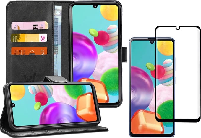 Hoesje geschikt voor Samsung Galaxy A41 - 2x Screen Protector GlassGuard - Book Case Kunstleer Pasjeshouder Zwart & Screenprotector