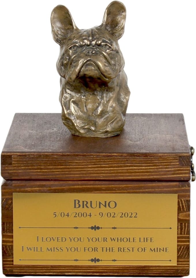 Franse Bulldog urn hond met beeldje - gepersonaliseerde hondenurn