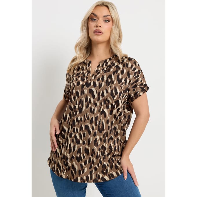 Yours Bruine Getextureerde Top Met Luipaardprint En Inkeping In De Hals Size 48