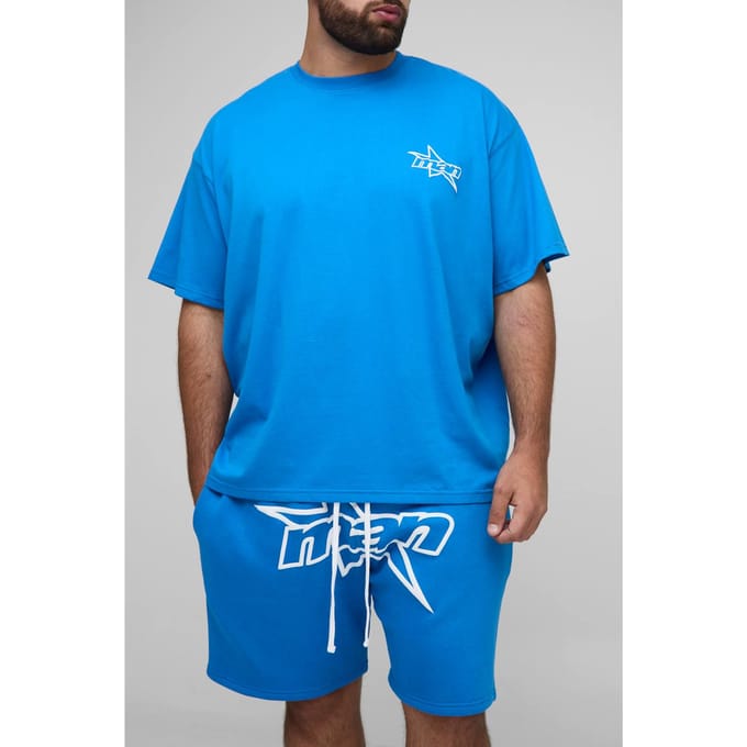 Plus Men's Star Puff Print Oversized T-Shirt & Relaxed Jersey Short Set | Blue | Size 2XL