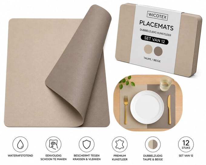 Wicotex - Placemats - Placemat Kunstleer Beige - Zand Moon - Dubbelzijdig 12 stuks