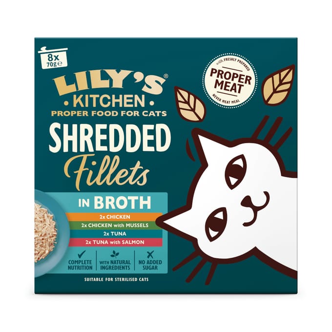 Lily's Kitchen Versnipperde filets voor katten 8 x 70 g - Gemengd pakket in bouillon (4 Soorten)