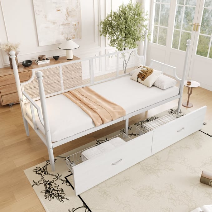 Sweiko Slaapbank - 90 x 200 cm - IJzeren bed - Hemelbed - 2 lades - Wit