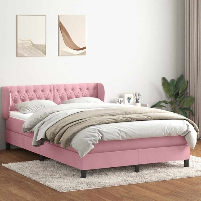 vidaXL - Boxspring - met - matras - fluweel - roze - 140x210 - cm