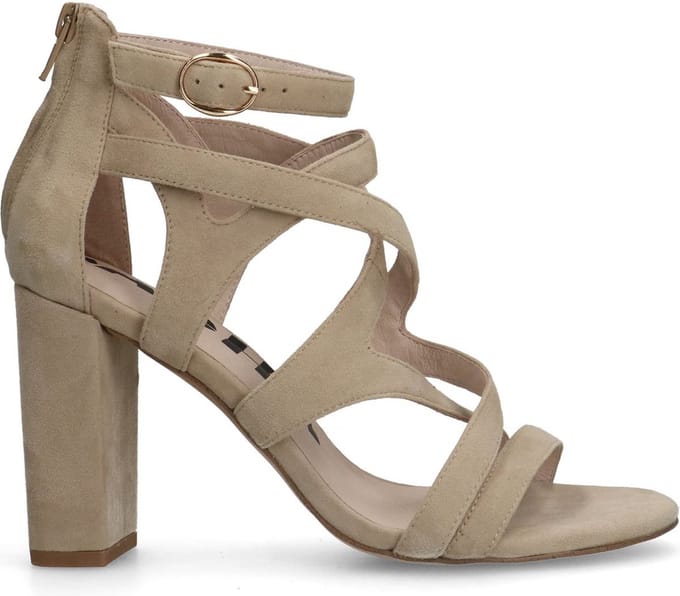 Sacha - Dames - Beige suède opengewerkte sandalen met hak - Maat 36