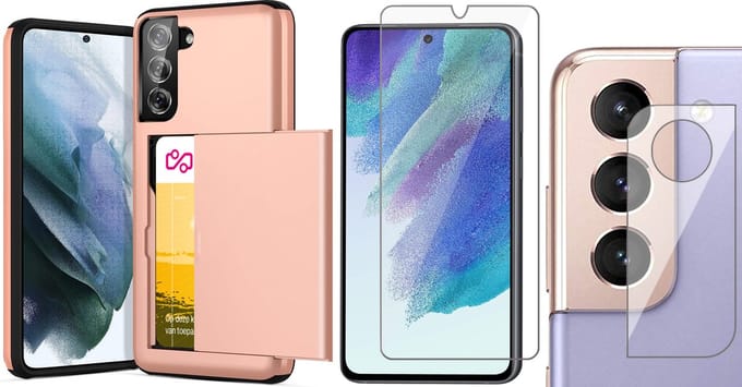Hoesje met Pasjeshouder geschikt voor Samsung Galaxy S21 FE - Screenprotector GlassGuard & Camera Lens Screen Protector - Back Cover SlideCase Roségoud