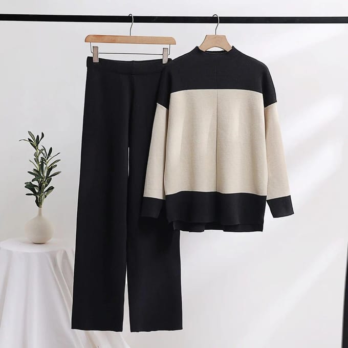 Dames Trui Pakken Truien Broekset Casual OL Kleur Contrast Gestreept Herfst Winter Gebreide Losse Elegantie Tops Elastisch L zwart