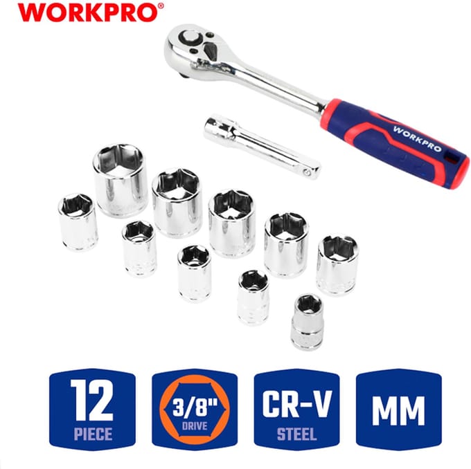 WORKPRO WP202557 Dopsleutelset 3/8 CR-V 12-delig met ratel en verlengstuk