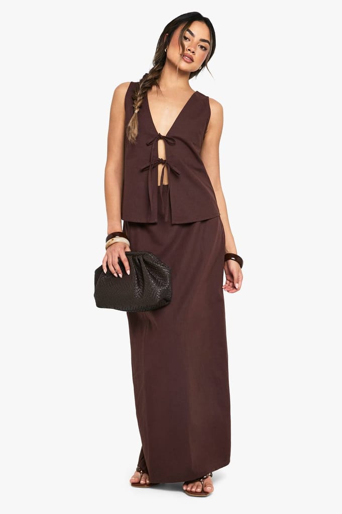 boohoo Dames Linnen Maxi-Rok met Split aan de Achterzijde | Chocolate | Maat: 6