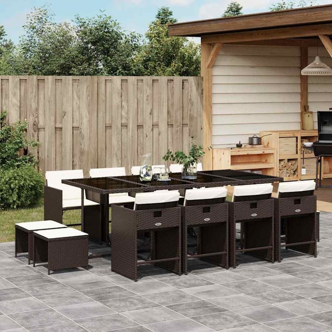 vidaXL - 13-delige - Tuinset - met - kussens - poly - rattan - bruin