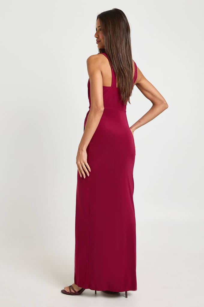 boohoo Dames Slinky Gerimpelde Wikkel Maxi Jurk | Wijn | Maat: 36
