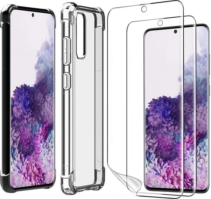 Hoesje Geschikt voor: Samsung Galaxy S20 Plus - Anti Shock Hybrid Case & 2X Tempered Glas Combi - Transparant