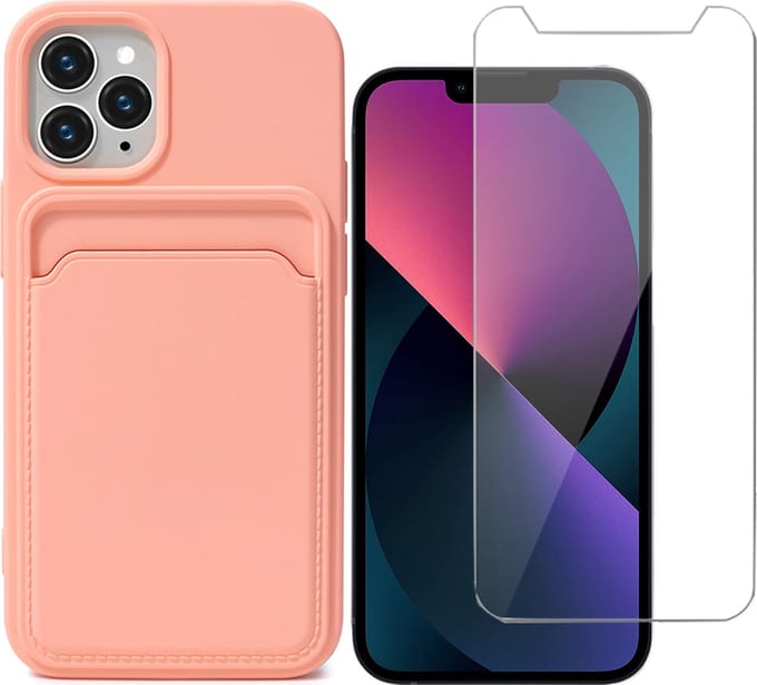 Hoesje geschikt voor iPhone 12 Pro Max Pasjeshouder Roze - Siliconen Case Back Cover + Screenprotector Glas