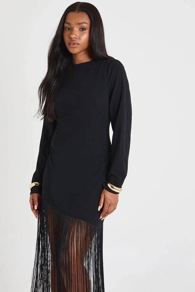 boohoo Dames MINI-JURK MET SCHOUDELVULLING EN FRANJES | Zwart | Maat: 36