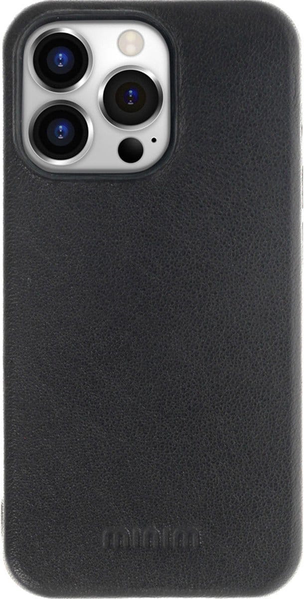 Minim Hoesje Echt Leer Back Cover Zwart Geschikt voor Apple iPhone 14 Pro