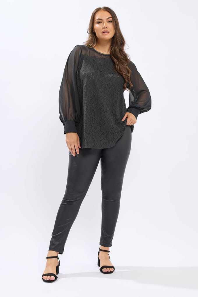 Yours Zwarte Blouse Met Kanten Paneel Size 48