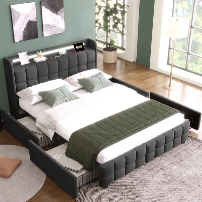REDOM Gestoffeerd Bed – Met 4 laden, LED-verlichting & USB – Hout & linnen – Grijs – 160 x 200 cm