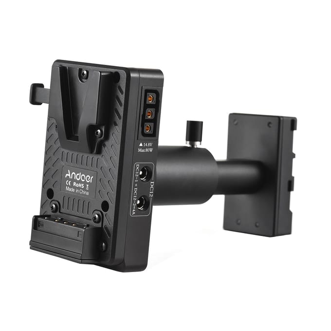Andoer V-Lock V-mount batterijplaat op BP-U dummy-batterijadapter met verstelbare staafvervanging zwart